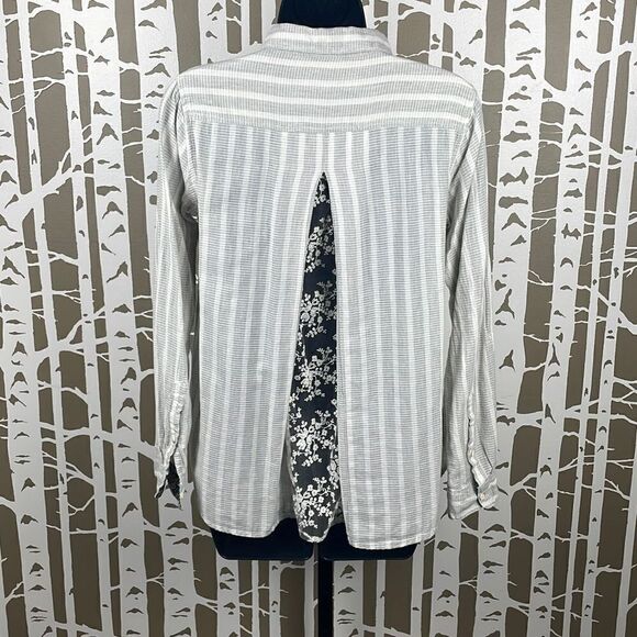 Anthropologie Isabella Sinclair Ivory & Grey Striped Button Down Shirt w Lace Pa - Picture 5 of 14